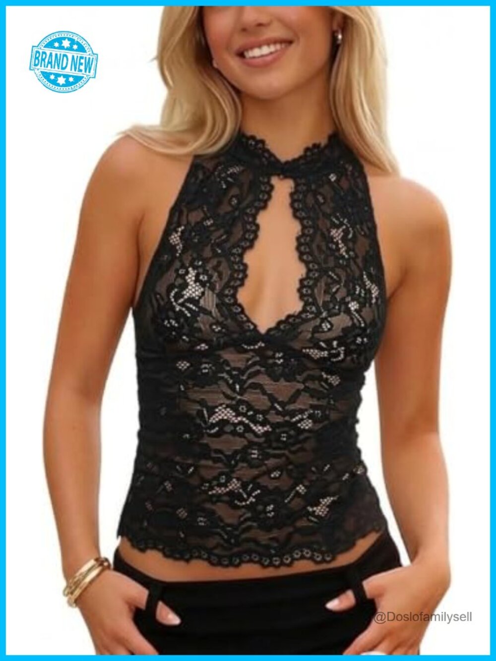 Lace Halter Neck Keyhole Cutout Crop Tank Top